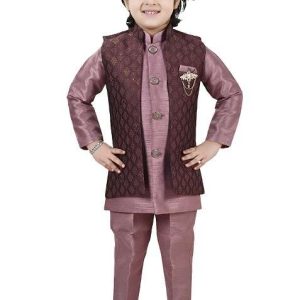 peach jacquard silk sherwani set for boys