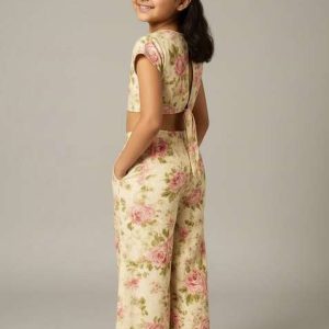 off white silk floral print co ord set for girls
