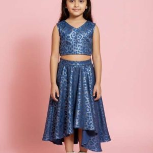 girls blue foil print denim co ord set