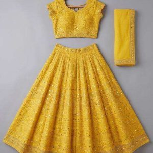 girls yellow embroidered silk lehenga set
