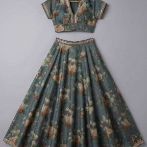 girls grey floral print tussar lehenga set