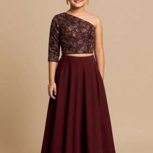 brown georgette embroidered fusion set for girls