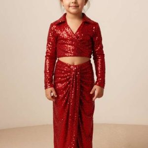 red net sequin fusion set for girls