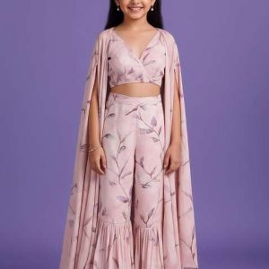 pink satin floral print fusion set for girls