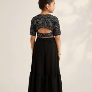 girls black embroidered georgette sharara set