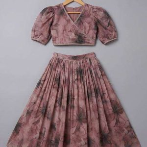 girls pink floral print georgette crop top skirt set
