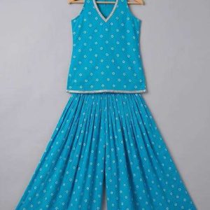 girls blue figure print chanderi lehenga set