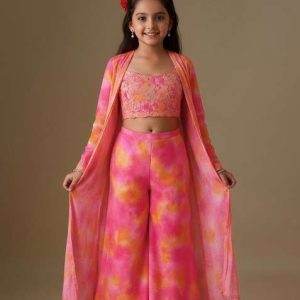 pink organza floral print fusion set for girls