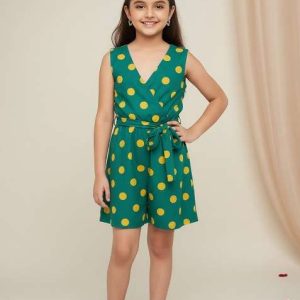 teal green cotton polka dot print dress for girls