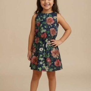 blue cotton floral print dress for girls
