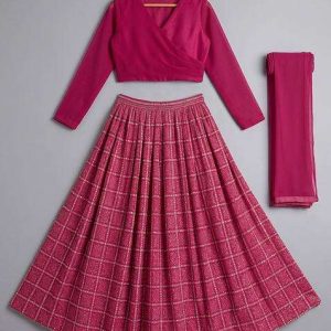 girls pink figure print chinon lehenga set