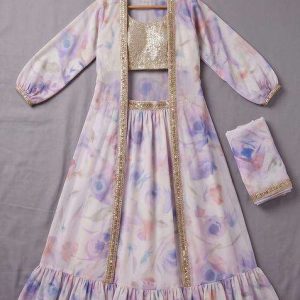 girls purple floral print linen lehenga set
