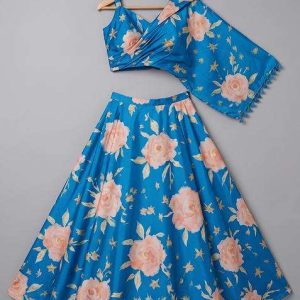 girls blue floral print satin crop top skirt set