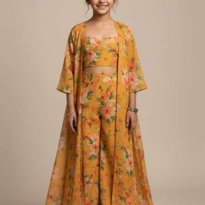 orange organza floral print fusion set for girls