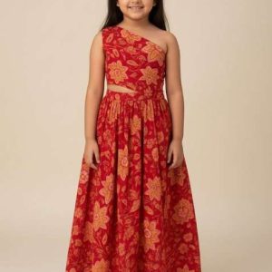 red cotton floral print dress for girls