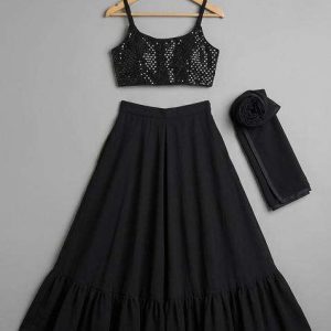 girls black embellished satin lehenga set