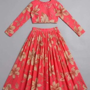 girls pink floral print silk lehenga set