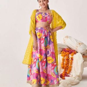 purple printed lehenga with blouse with dupatta (set of 3)