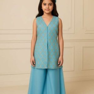 girls blue embroidered organza sharara set