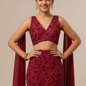 maroon net embroidered fusion set for girls