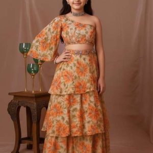 orange tissue floral print fusion set for girls