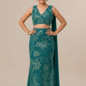 teal blue georgette sequin fusion set for girls