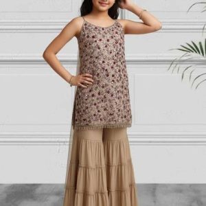 girls beige sequin net sharara set