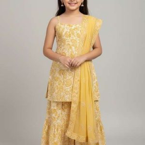 girls white embroidered georgette sharara set