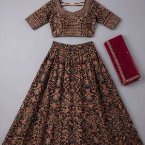 girls black floral print lehenga set