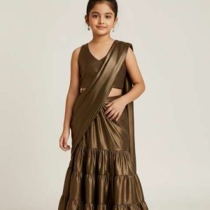 girls brown solid tissue pre draped saree set