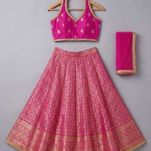 girls pink jacquard brocade lehenga set