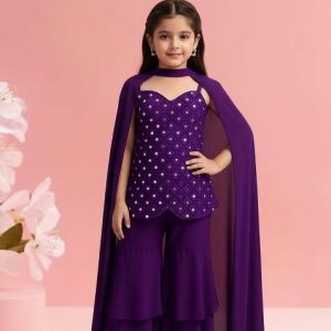 girls purple embellished silk sharara set