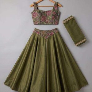 girls green embroidered chinon lehenga set