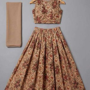 girls beige printed tussar lehenga set