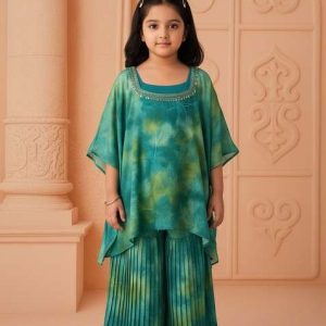 girls green floral print crepe sharara set