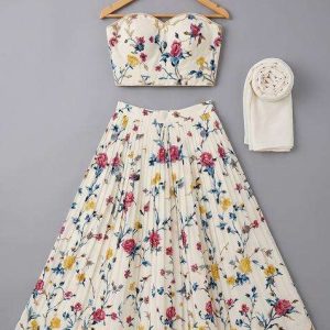 girls off white printed crepe lehenga set