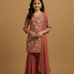 girls peach printed chiffon kurta set