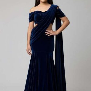 girls dark blue solid velvet pre draped saree set