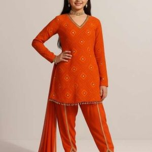 girls orange embellished chinon chiffon fusion set