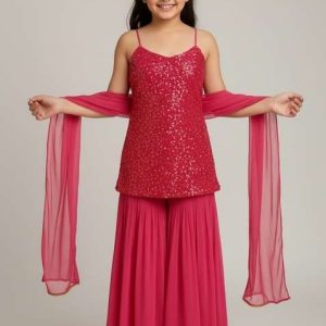 girls pink sequence embroidery georgette sharara set