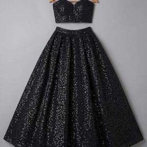 girls black embellished net lehenga set