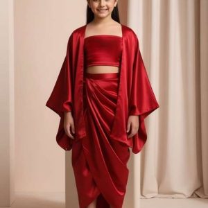 girls maroon solid tissue fusion set