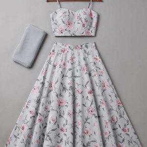 girls grey printed crepe lehenga set