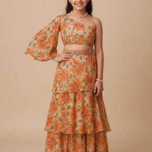 girls orange printed tissue fusion set