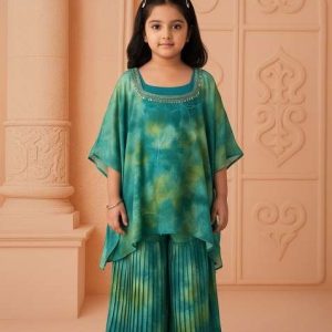 girls green embroidered organza anarkali set