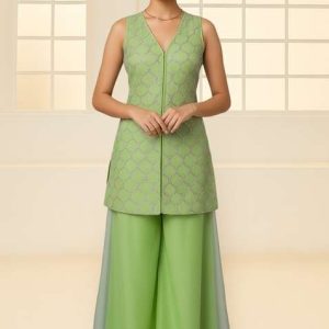 girls parrot green embroidered work georgette sharara set