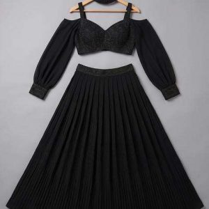 girls black georgette embellished blouse lehenga set