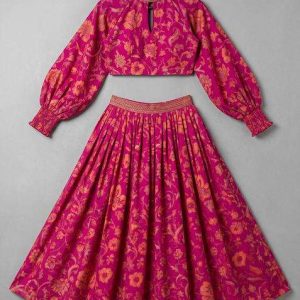 girls hot pink printed satin crop top skirt set