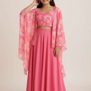 girls pink printed georgette fusion set