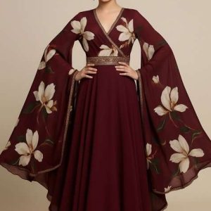 girls brown floral print georgette anarkali set
